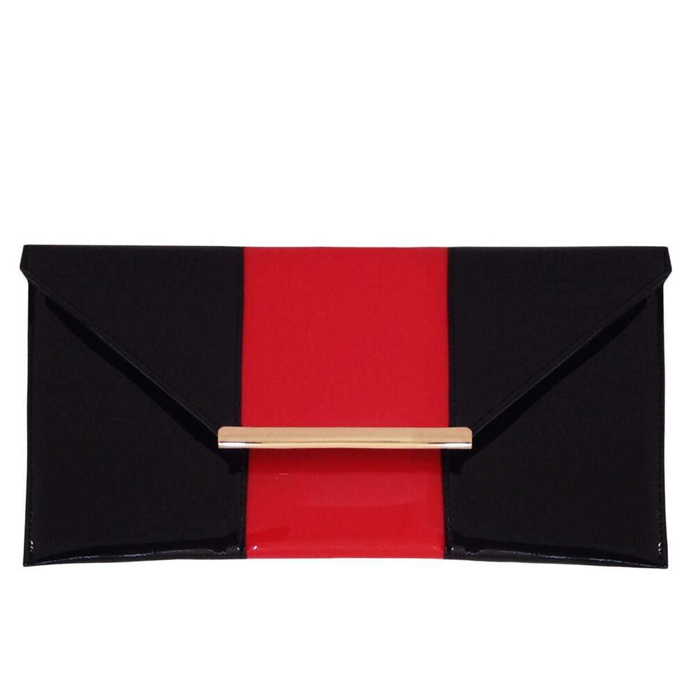 2830 Patent Finish Color Block Envelope Clutch Purse with Detachable Chain